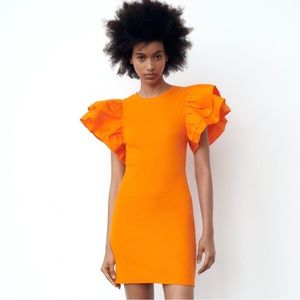 Zara ruffled ribbed dress orange